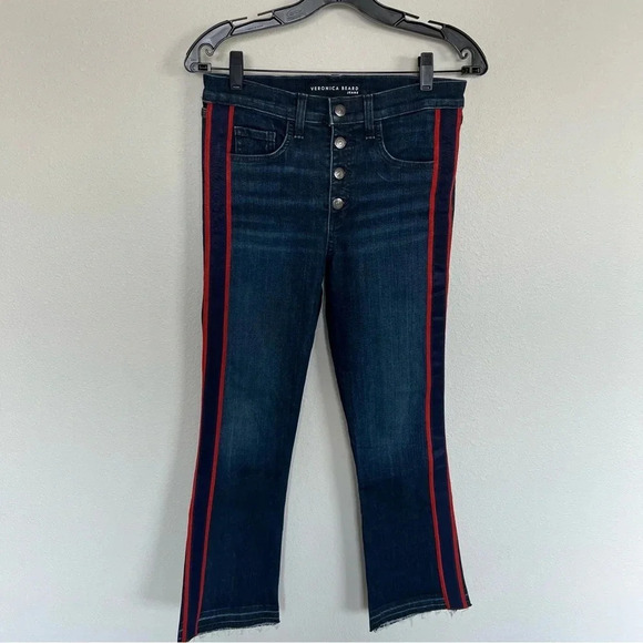 Veronica Beard Carolyn 10” Baby Boot Jeans Midnight Blue Tuxedo Stripe Red - Picture 4 of 12